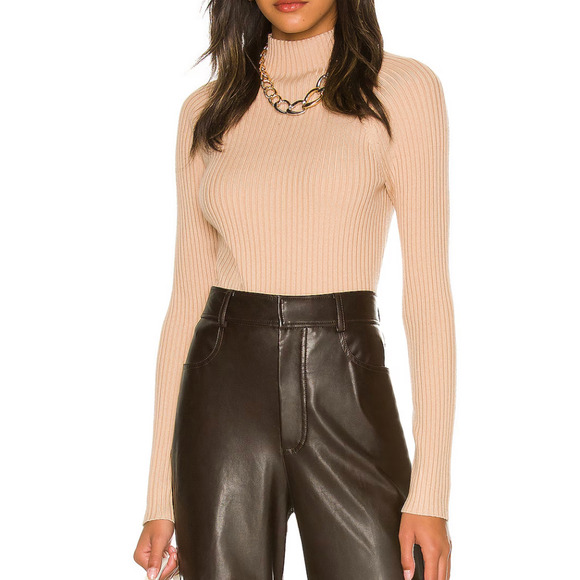 Alice and Olivia Irena Mock Neck Cropped Pullover Almond Size L Ribbed Wool - Picture 1 of 9